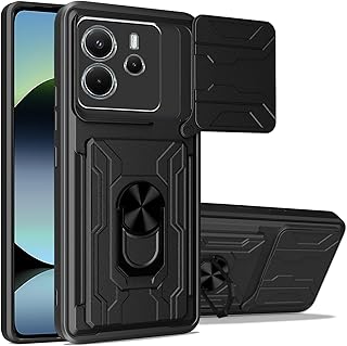 جراب متوافقمع موبايل شاومي ريدمي نوت 14 الجيل الرابع, مضاد للصدمات مع غطاء كاميرا منزلق وحامل كروت قابل للازالة ومسند مدمج، جراب صلب مبطن بالسيليكون(NOTE 14 4G) -اسود