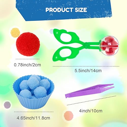 Miniatura 3 de 170 piezas de relleno sensorial de habilidades motoras finas que incluyen 12 cuencos de clasificación, 150 pompones, 6 pinzas, 2 tijeras para niños