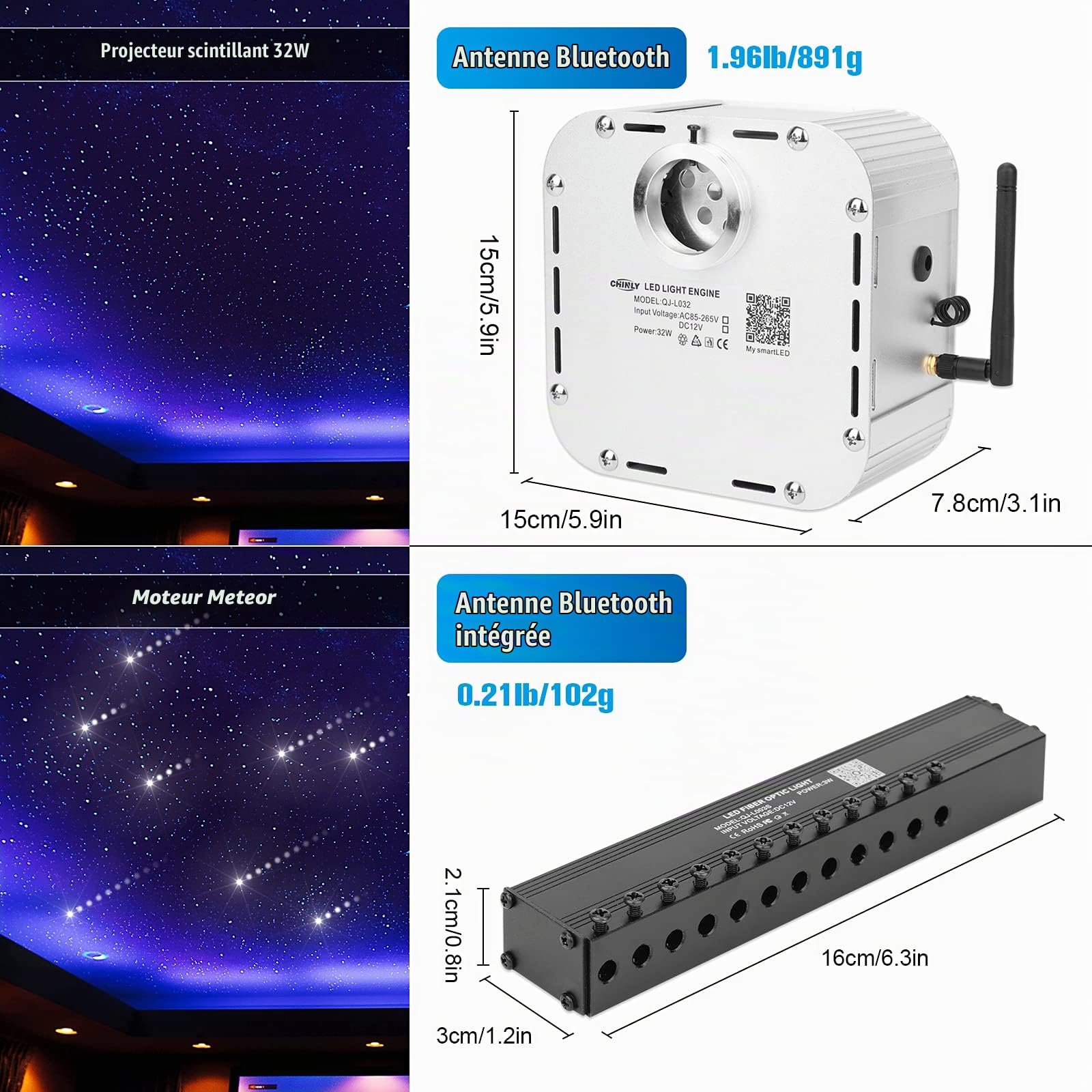 CHINLY Bluetooth Meteor 32W RGBW Twinkle LED Fibre Optique Star Plafonniers Kit APP/Télécommande Mixte 1000 + 8 = 1008Pcs * 0.75 * 5M + 10 Cristaux pour Maison/Voiture
