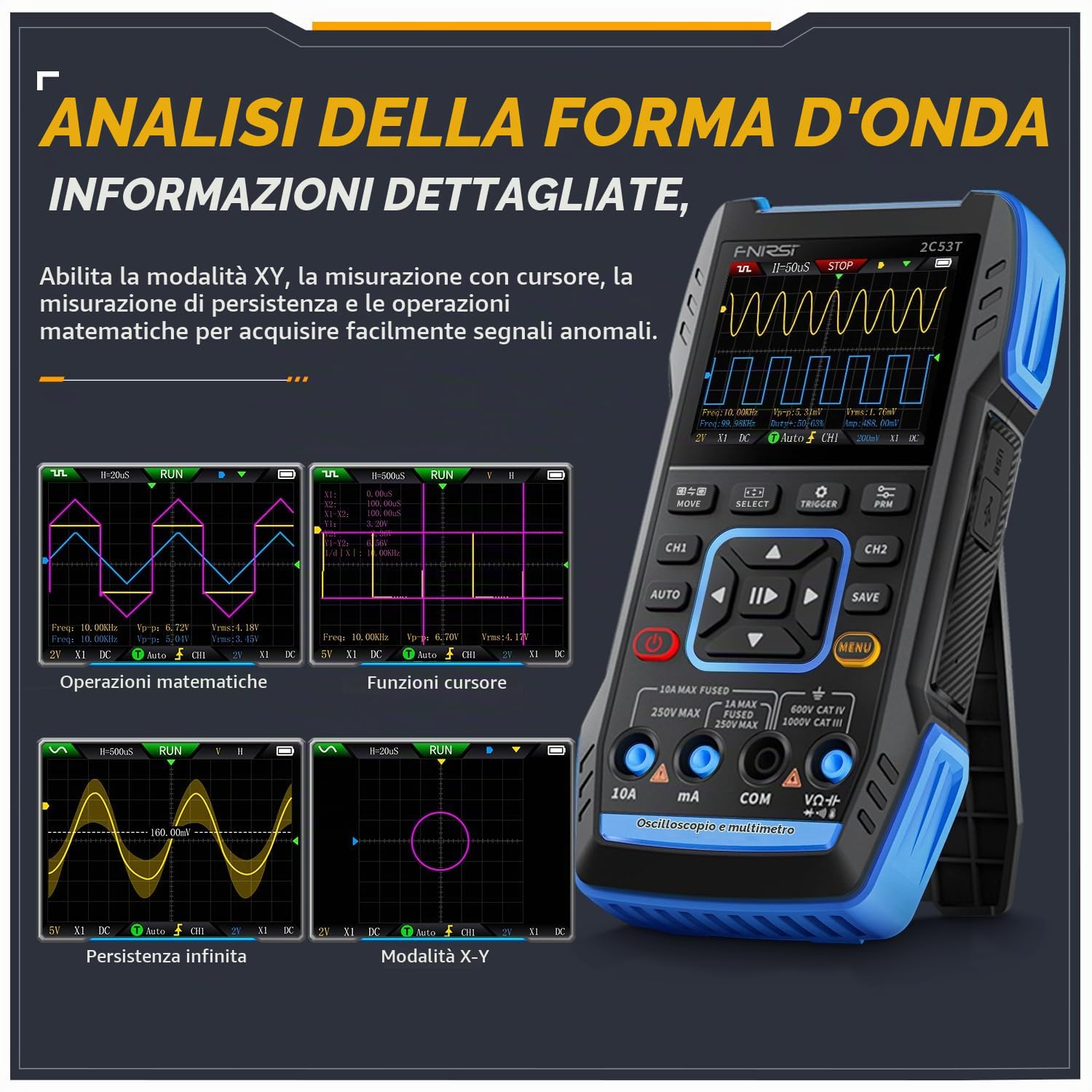 2C53T Oscilloscopio Portatile Digitale Multimetro 3 in1 Larghezza di Banda A 2 Canali 50 MHz Frequenza Di Campionamento 250 MSPS 19999 Conteggi, Test di Tensione, Corrente, Condensatore, Resistore