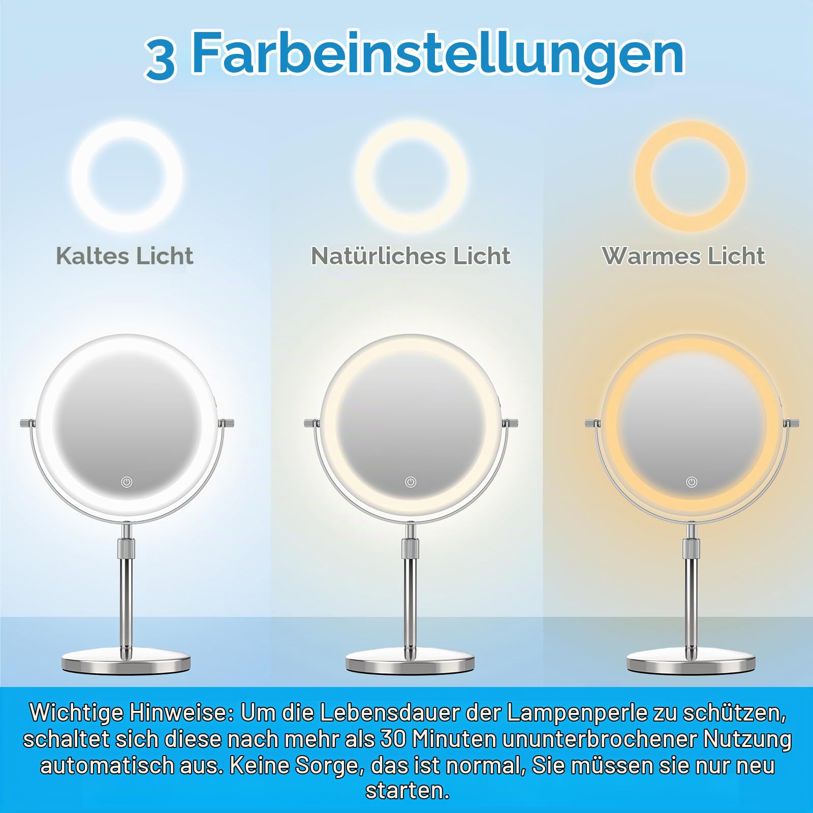 TopDirect 8 Zoll Schminkspiegel mit Beleuchtung, 35–45 cm Höhenverstellbarer Kosmetikspiegel, 1X/10X Vergrößerung, 3 Lichtfarben und 360° Schwenkbar, Aufladbar Doppelseitiges Vergrößerungsspiegel