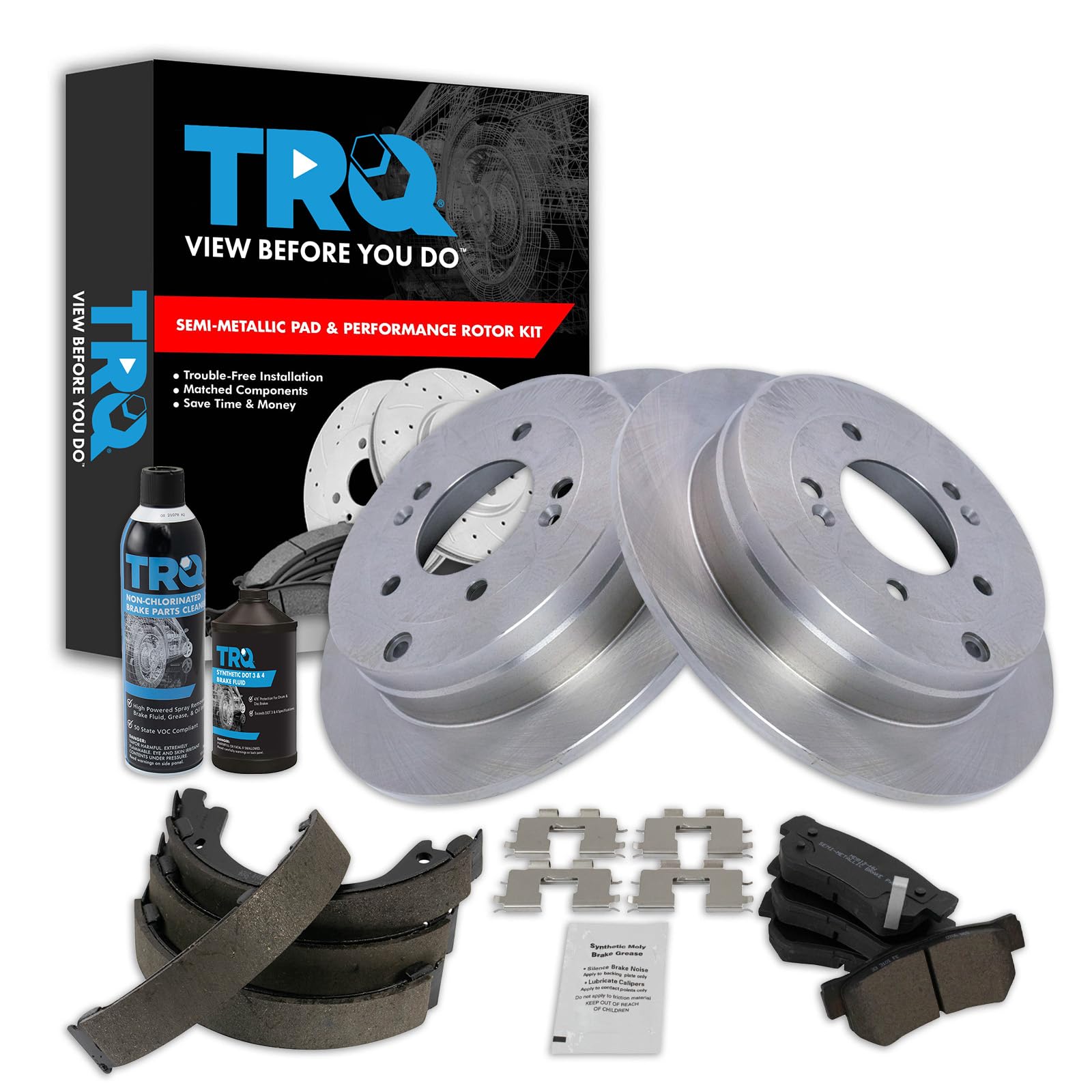 TRQ Rear Brake Pad &amp; Rotor Kit, with Chemical Kit Parking Brake Shoe Set Semi-Metallic Compatible with 2006-2009 Hyundai Azera