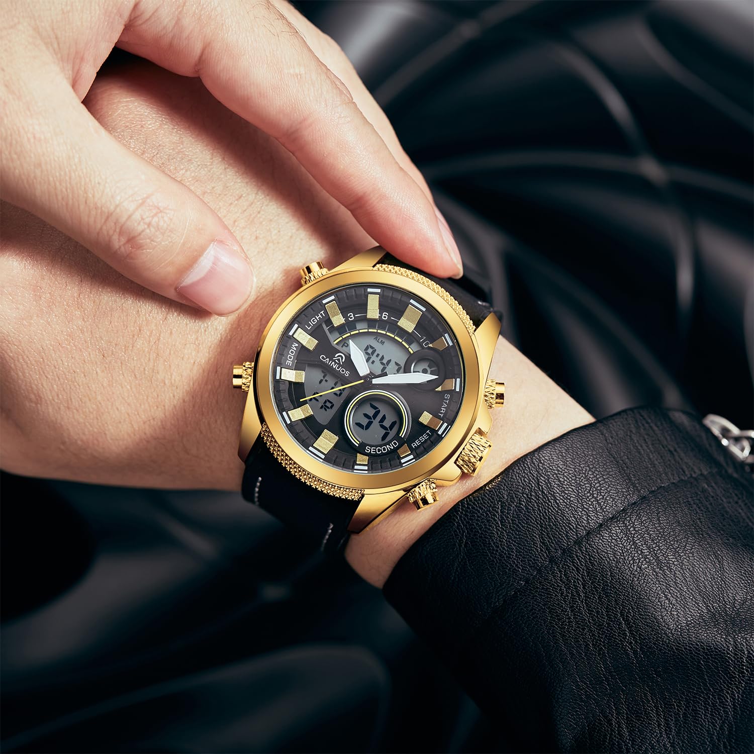 Orologio da uomo analogico digitale con doppio display, movimento al quarzo + elettronico, quadrante grande da 46 mm, resistente all'acqua fino a 30 m, cinturino in pelle e silicone
