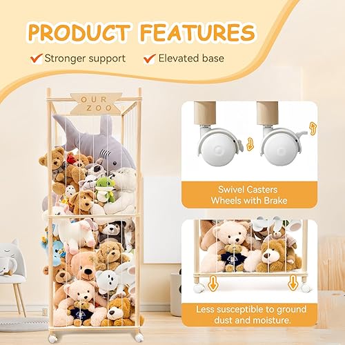 Miniatura 4 de Zoológico de almacenamiento de animales de peluche con ruedas, soporte de madera grande para animales de peluche, organizador de juguetes para