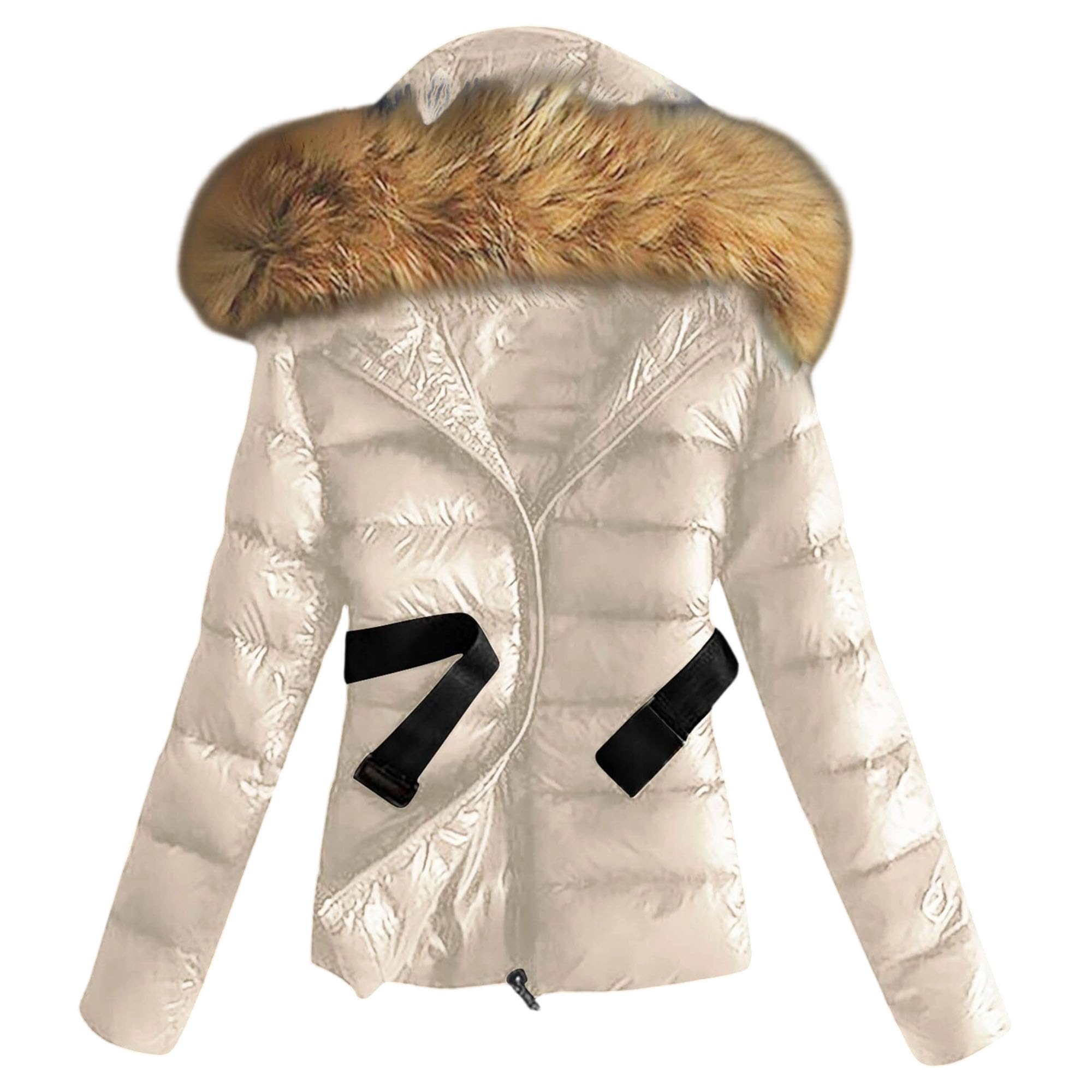 Chaqueta acolchada con capucha y cremallera para mujer, para exteriores, cálida, cuello de piel sintética, abrigo de invierno a la moda, ajuste delgado, ropa de abrigo corta
