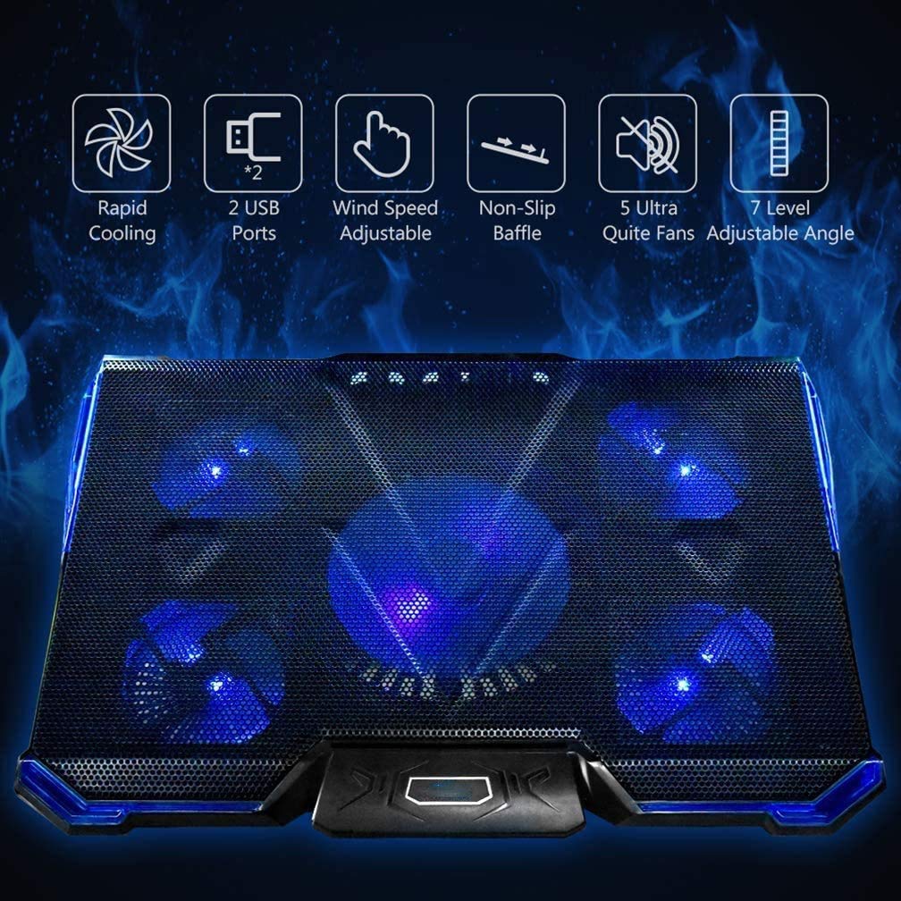 12-17 Inch Gaming Laptop Cooler Cooling Pad 5 Quiet Fans USB Powered Blue LED Light 7 Level Adjustable Mount Stands