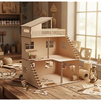 StonKraft Wooden Dollhouse Dollhouse Home Decoration Building Toys Modeling Kit School Projects Easy to Assemble 3D Puzzles Beige
