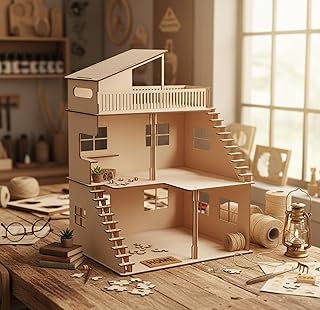 StonKraft Wooden Doll House Dollhouse - Home Decor, Construction Toy, Modeling Kit, School Project - Easy to Assemble 3D Puzzle