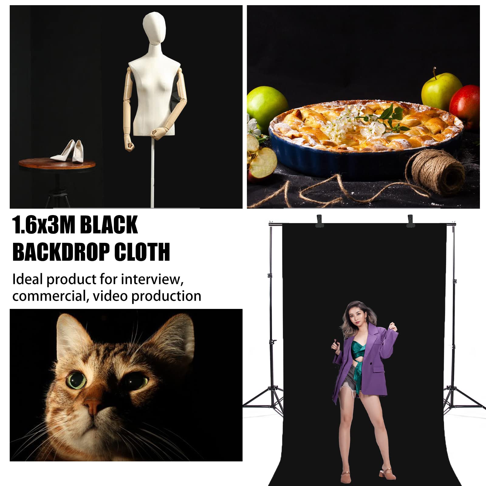 Photo Studio - Kit di Supporto per Sfondo Fotografico 2 x 3 m, con Fondali Neri Verdi, Morsetti e Borsa per il Trasporto, Supporto per Sfondi Foto per Prodotti, Ritratti e Riprese Video