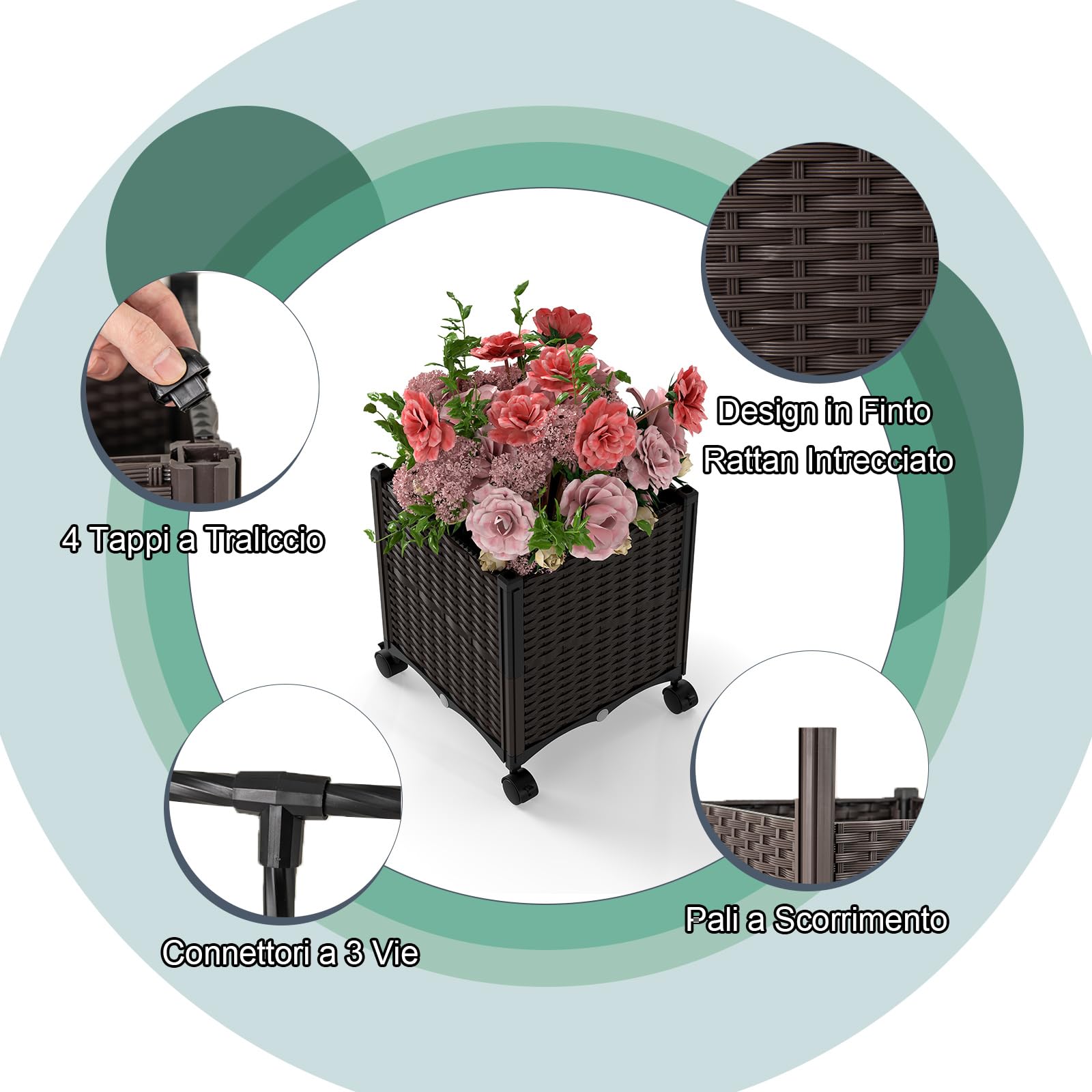 COSTWAY Arco da Giardino, Pergolato per Piante Rampicanti con 2 Fioriere, Sistema di Autoirrigazione, Fori di Drenaggio e Ruote Bloccabili, Decorazione per Matrimoni