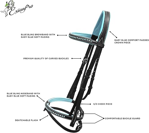 Miniatura 7 de Exion - Brida brillante en banda para la ceja y banda nasal con suave acolchado de cuero azul bebé brida de salto y rienda de goma Brida inglesa