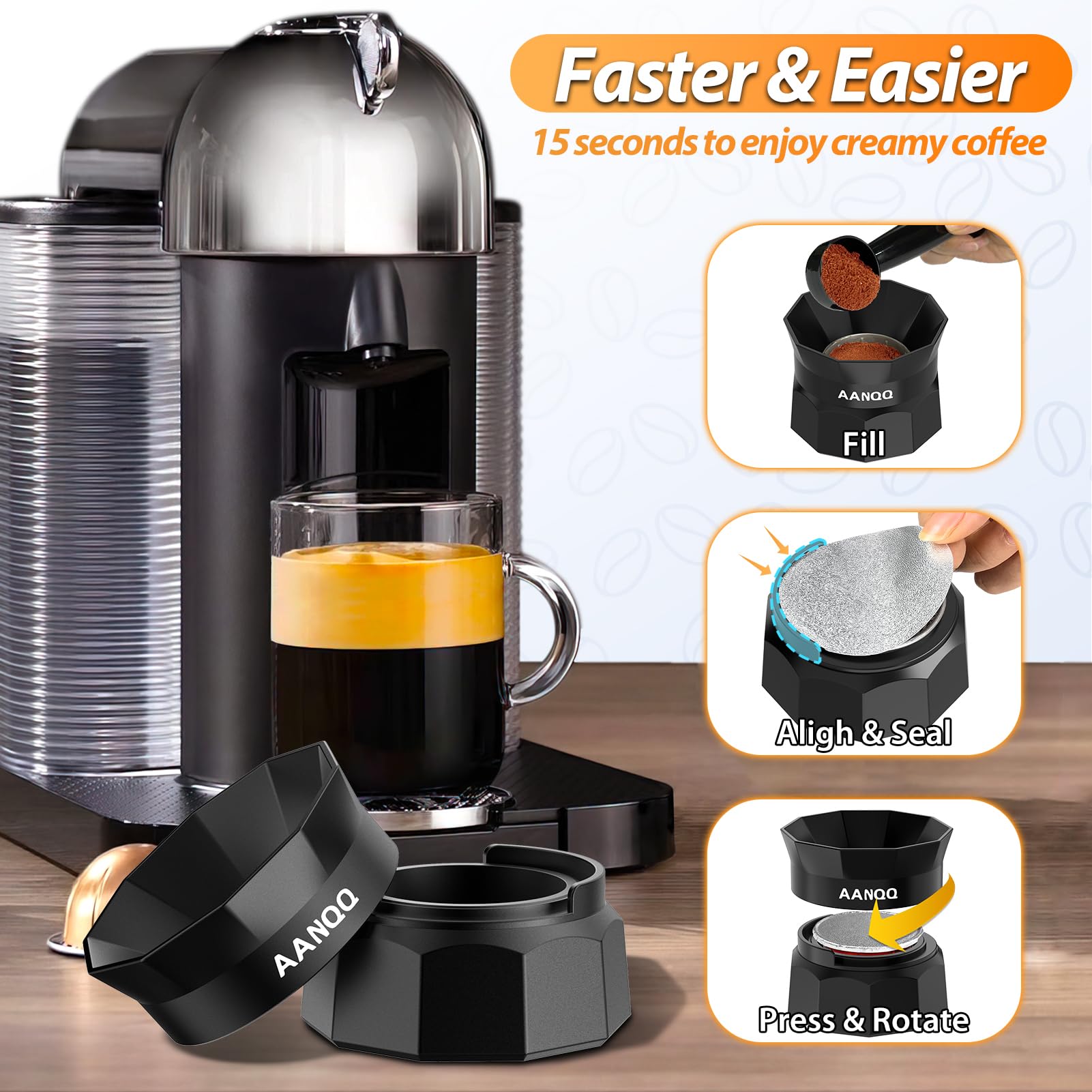 AANQQ Reusable Nespresso Vertuo Pods Kit: Vertuo Refillable Pod for Faster Seal Nespresso Pods Vertuo Espresso VertuoPlus Coffee Capsule - with 100Pcs Aluminum Foil Lids, Scoop and Lid Opener(NO PODS)