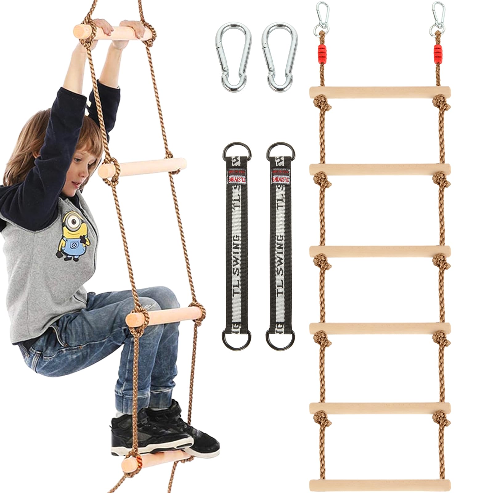 MUXHEL 1 Pcs 6.5 Ft Climbing Rope Ladder for Kids, Wooden Rope Hanging Ladder, Rope Ladder for Treehouse Outdoor and Indoor Swing Set Accessories