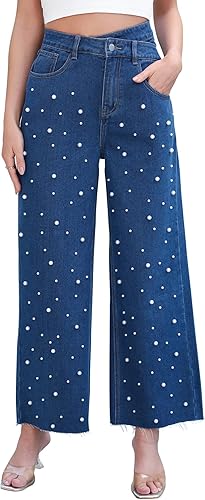 Kedera Women's High Waisted Jeans Loose Sparkly Pearl Jeans Crossover Straight L