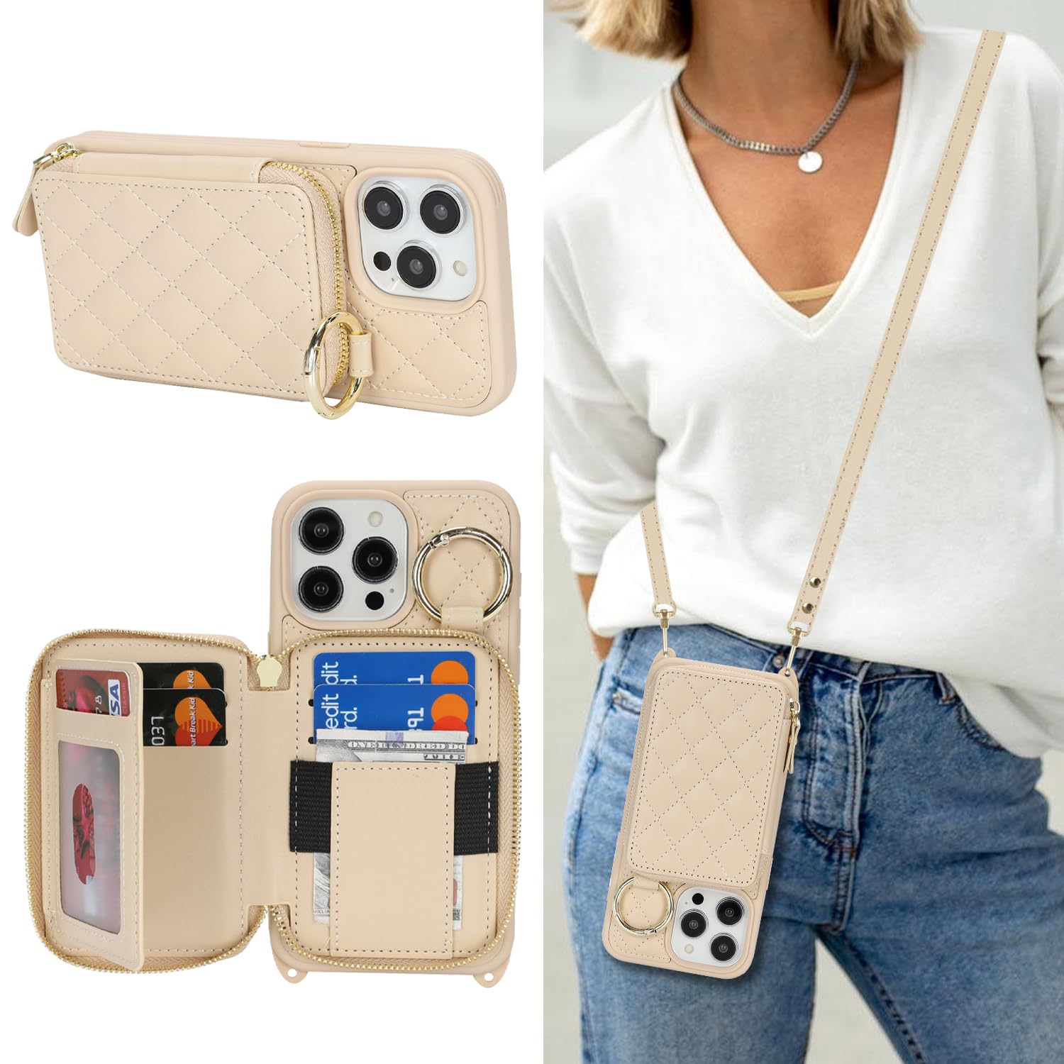 Hamany Crossbody Wallet Case for iPhone 12 Pro Max, PU Leather Zipper Handbag Purse Flip Cover, Kickstand Folio Case with Card Slots Holder Wrist