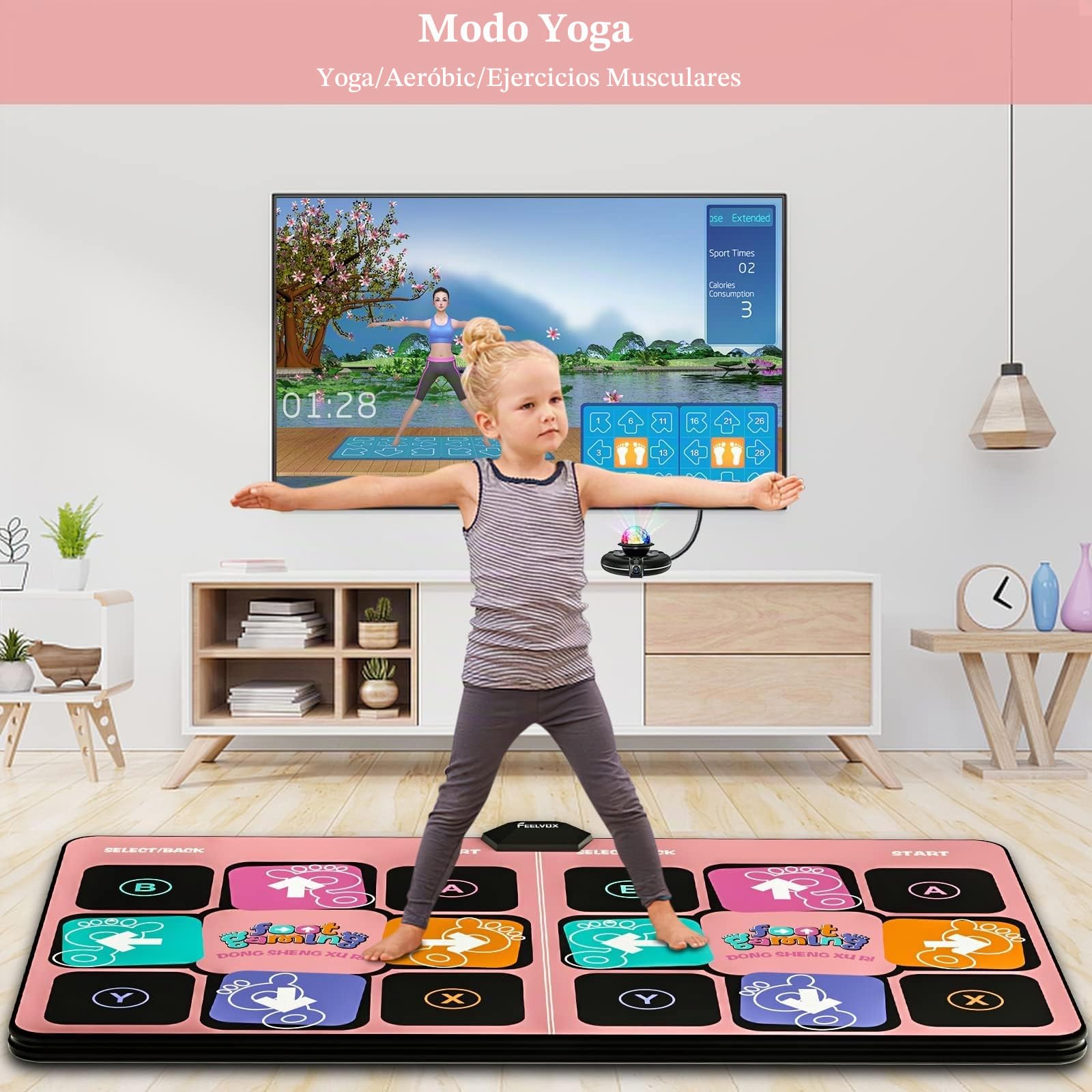 Alfombra de Baile para TV con cámara HD, Alfombra de Fitness Antideslizante para Interiores con 2 mandos inalámbricos y Bola de Discoteca de Colores, Regalo para niños y Adultos (Rosa)