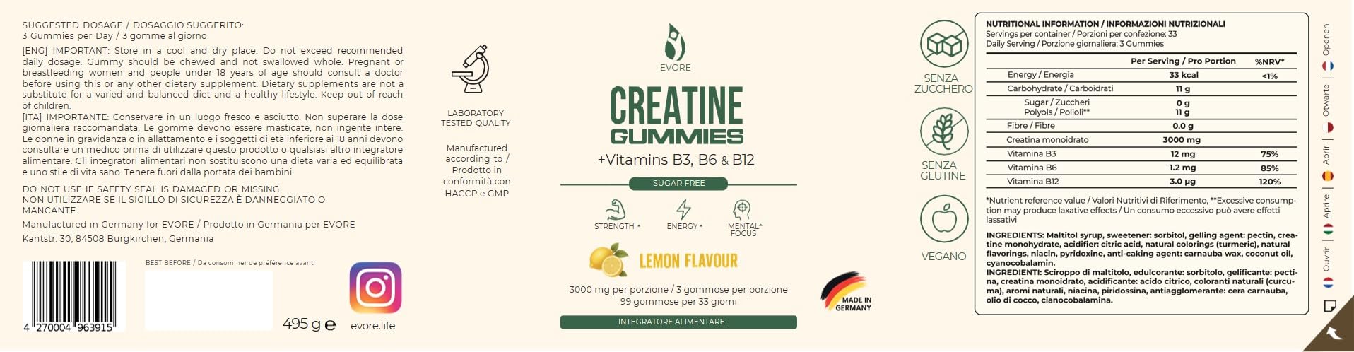 Creatina Gommose – 3000 mg di creatina per porzione – 99 gommose – Testate in laboratorio, prodotte in Germania – con vitamine B3, B6 e B12 – Alternativa a capsule e polvere – Gusto limone