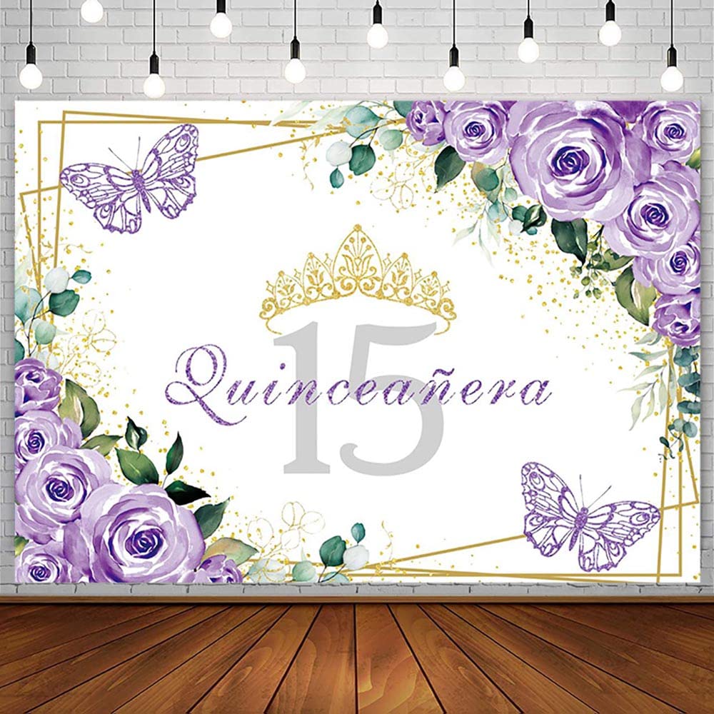 SENDY 7x5ft Quinceañera Backdrop Mis Quince 15 Anos Birthday Party Decoration Supplies for Girl Princess Purple Floral Butterfly Gold Crown
