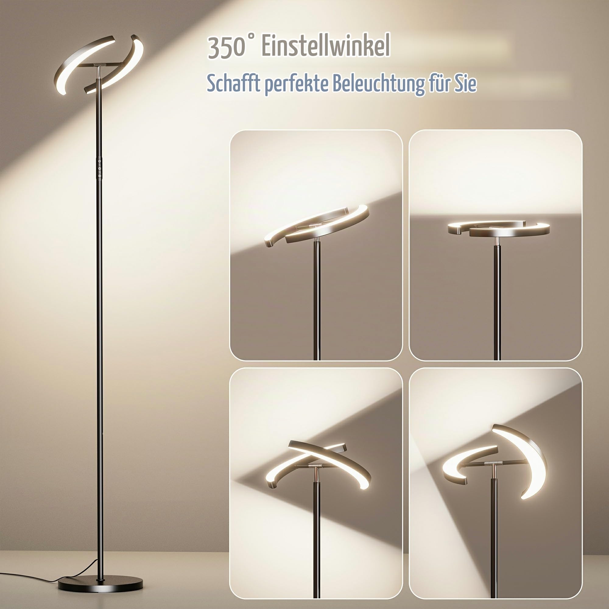 Stehlampe Wohnzimmer, Mukuxin 36W Deckenfluter mit Fernbedienung & Touch-Steuerung, 3000-6000K 2600lm Stehlampe mit 2 Leuchtenköpfen, Moderne Dimmbar Standleuchte für Wohnzimmer Schlafzimmer Büro