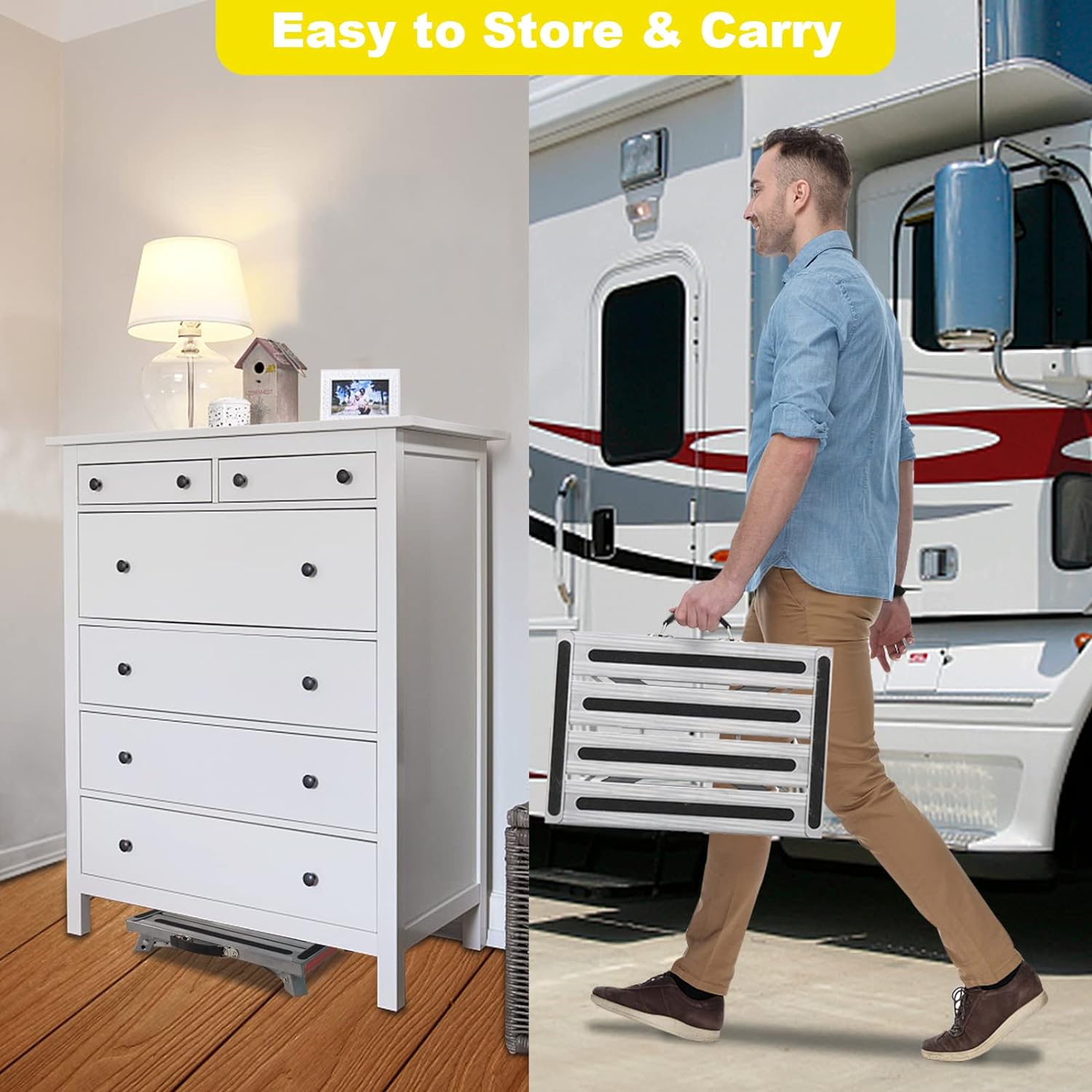 Safety RV Steps, Yagud Height Adjustable Folding Platform Step with 17 X 12 Anti-Slip Surface, Rubber Feet, Handle, Reflective Strips, and T Level, Aluminum RV Step Stool Supports Up to 1000lbs