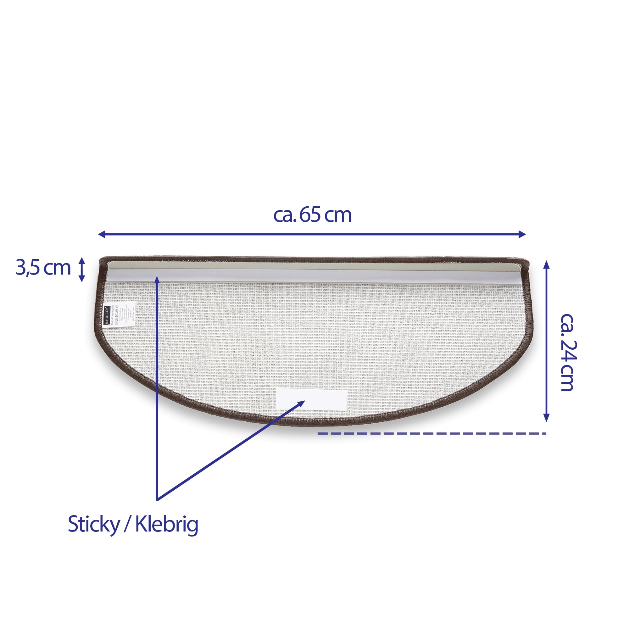 BRIELLE Tappetini antiscivolo per gradini, 65 x 24 x 3,5 cm, autoadesivi per gradini, facili da pulire, semicircolari, isolamento acustico da 20 dp, 15 pezzi