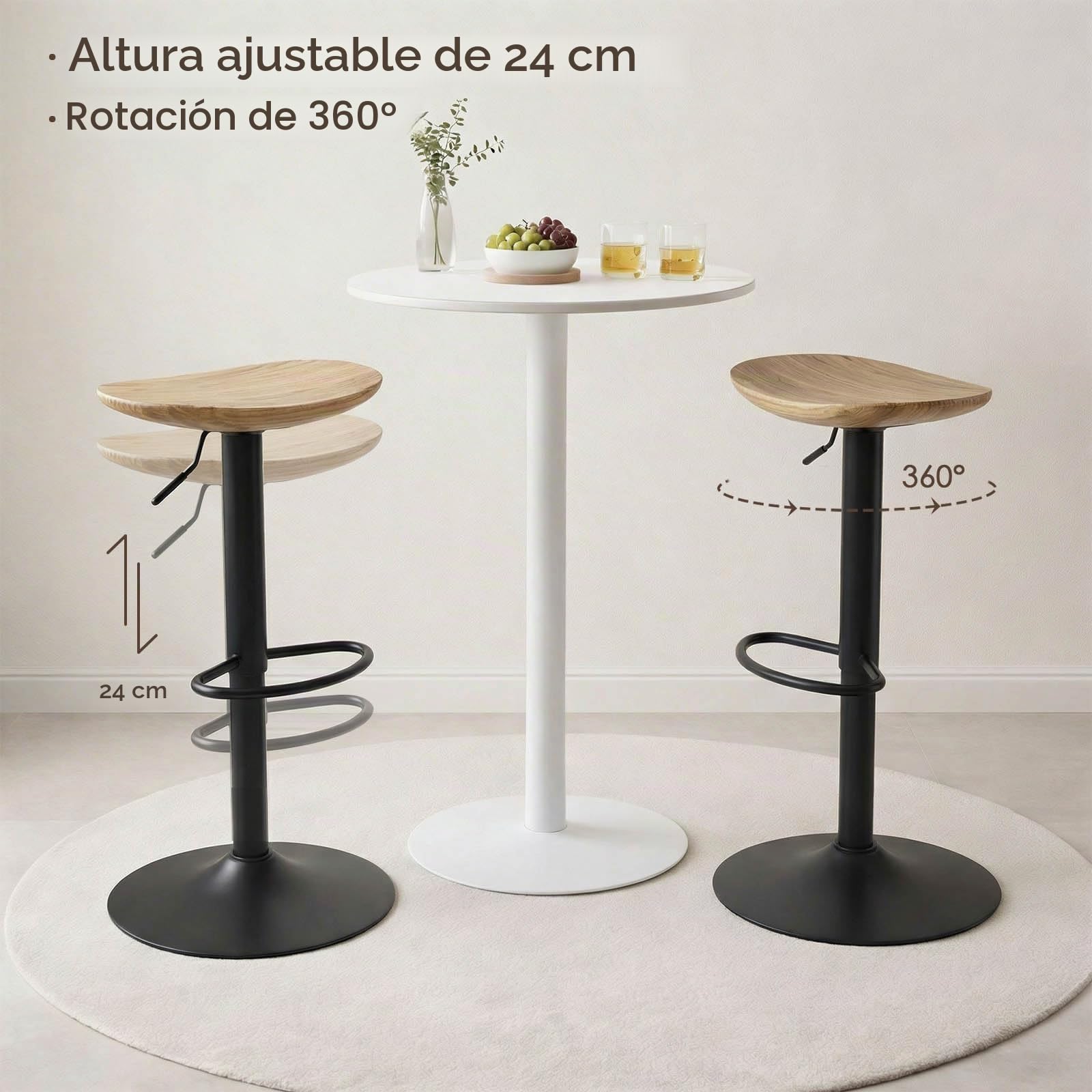 Kidol & Shellder Taburetes de Bar Juego de 2 de Madera Maciza Base Metálica Giratoria Ajustable en Altura Fácil de Montar Moderna Encimera de Cocina Industrial…