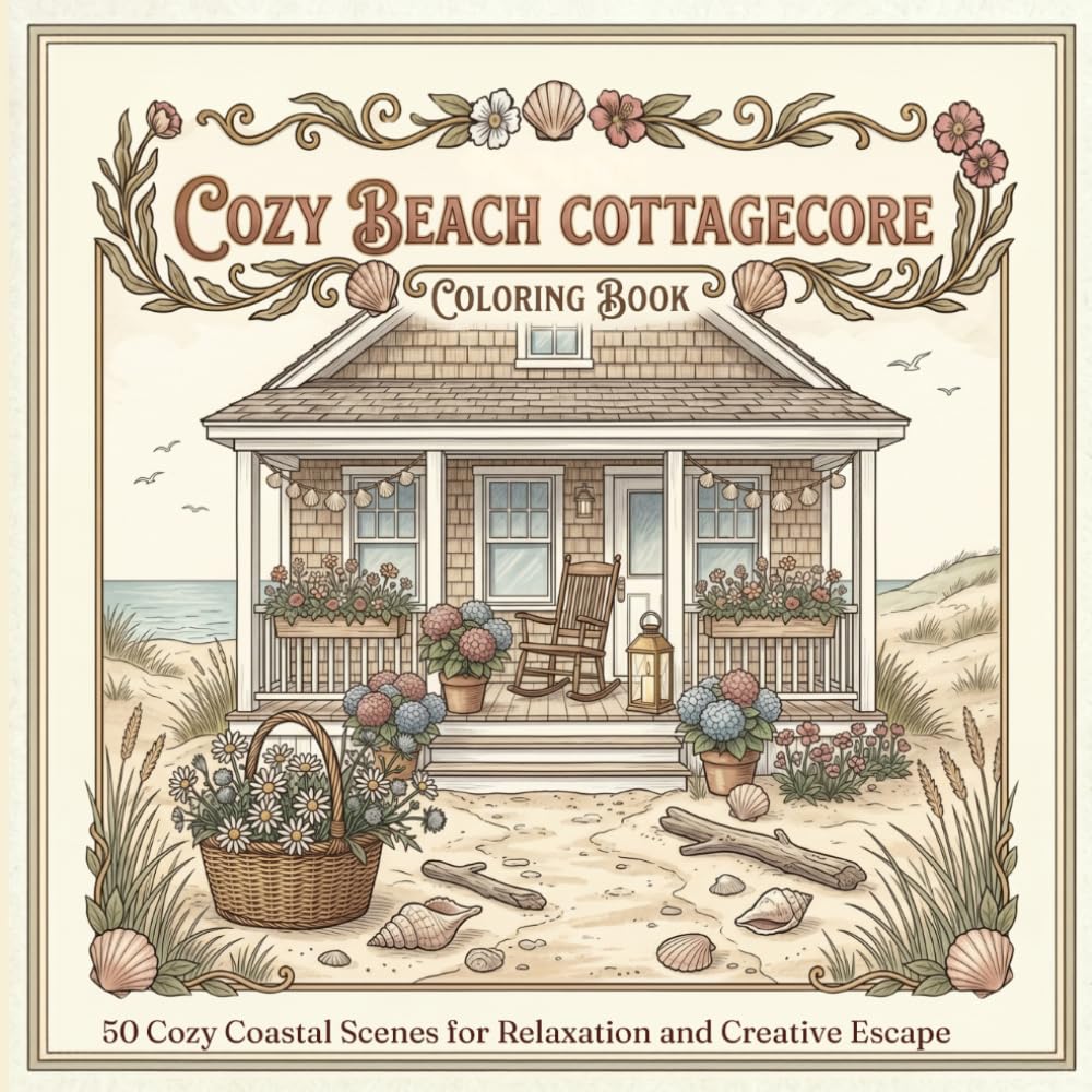 Beach Cottagecore Coloring Book: 50 Cozy Coastal Scenes for Relaxation and Creative Escape