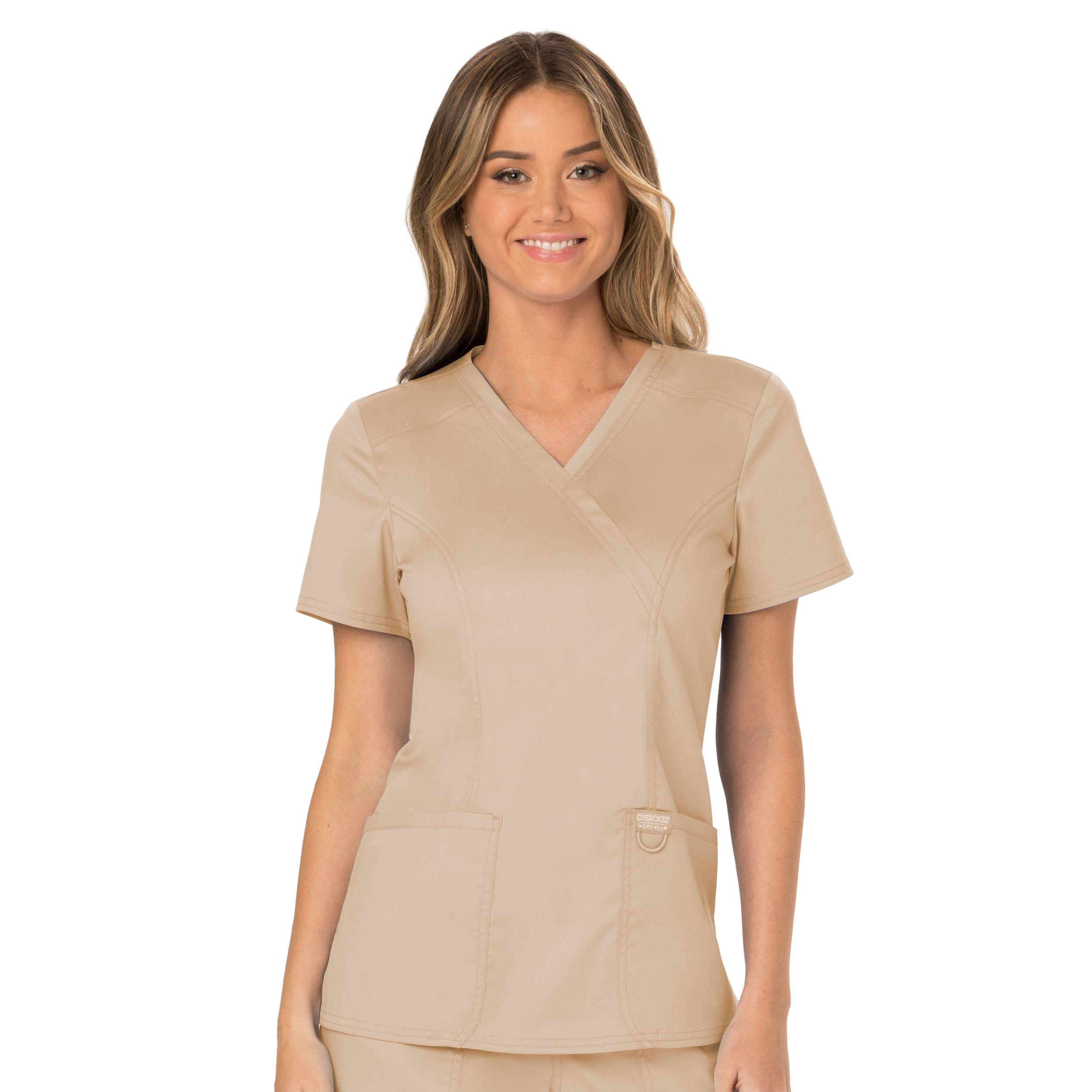 CherokeeScrubs for Women Mock Wrap Top with 3 Pocket, Back Princess Seams WW610