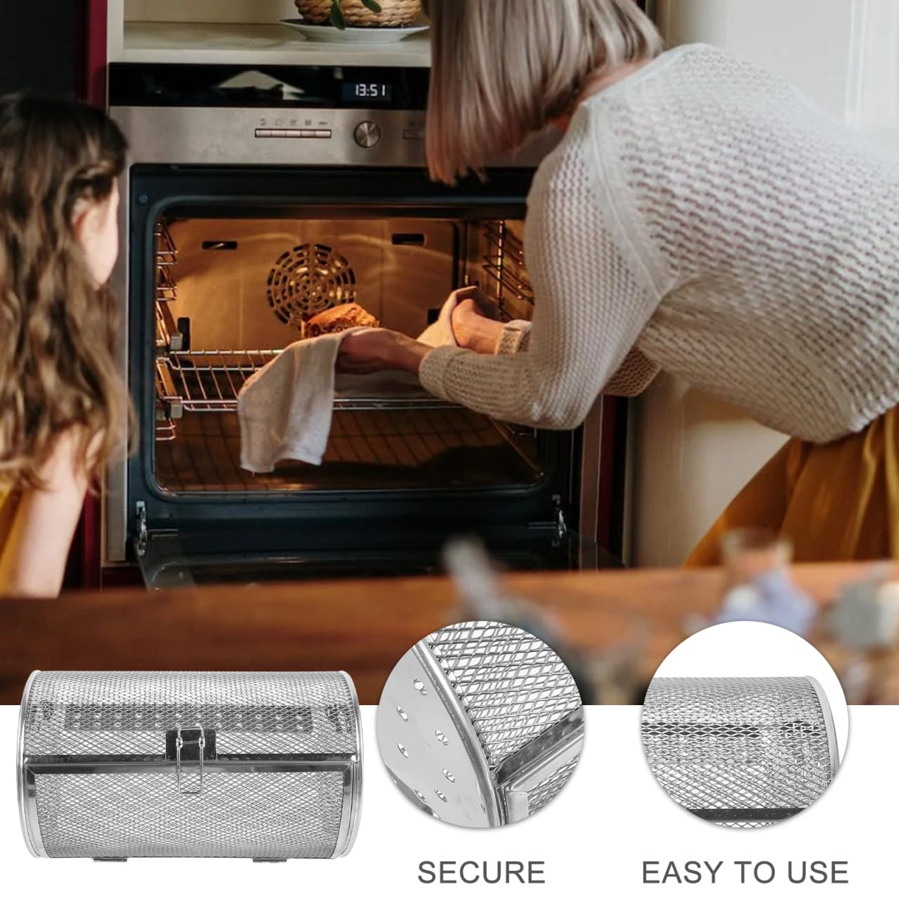 BESTOYARD Edelstahl Grillkorb Drehbar FüR Backofen Und HeißLuftfritteuse Ofenkorb Mit 360° Drehspieß FüR GemüSe NüSse Und Fleisch Robust Und Vielseitig FüR Grillgerichte Und Braten