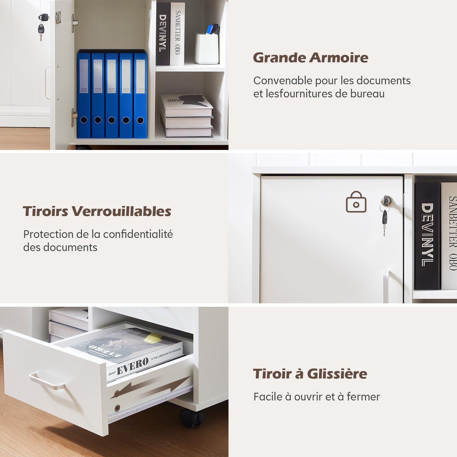 TUKAILAi Caisson de Bureau Rangement à 3 Tiroirs Verrouillables, Caisson Imprimante Mobile avec Roulettes, Armoires de Rangement avec Étagères Ouvertes pour Format A4 (Blanc)