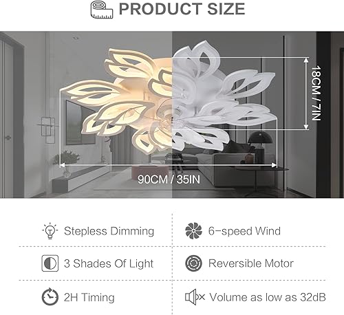 Miniatura 6 de 35" Modern Ceiling Fan with Lights Remote APP Control, Flush Mount LED Dimmable Ceiling Fan, 3 Color 6 Speed Low Profile with Light for Bedroom