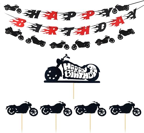 Miniatura 6 de LaVenty - Juego de 9 banderines de cumpleaños para motocicleta, decoración de cumpleaños para motocicleta, decoración de cumpleaños para hombre o