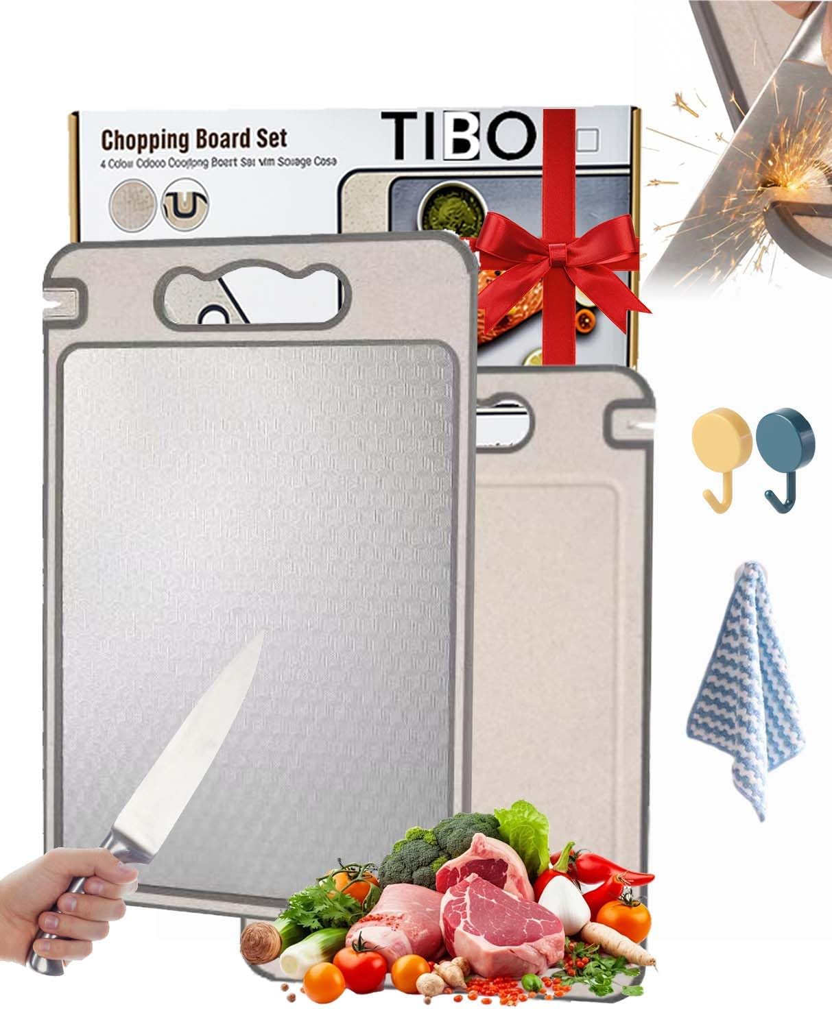 Tibo Cutting Board With Knife Sharpener&Garlic, Titanium Cutting Board, Double Sided Titanium & Pp Kitchen Cutting Board Set With Deep Sap, Non-Slip Base For Meat,Vegetables,Fruits (Style B)