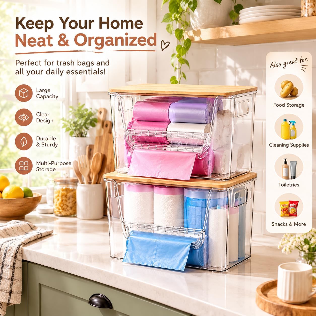 FOCHIER F 4 Pack Pantry Organizer with Bamboo Lid and Pull-Out Drawer, 2-Tier Clear Storage Bins for Trash Bags, Laundry Pods, Kitchen Supplies, Bathroom Essentials, Pantry and Home Organiza
