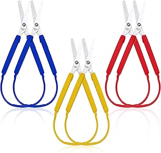 UgyDuky 6 Pcs Loop Scissors Colorful Grip Scissors Loop Handle Self-Opening Scissors Adaptive Cutting Scissors for Children and Adults Special Needs, 8 Inches(Red/Yellow/Blue)