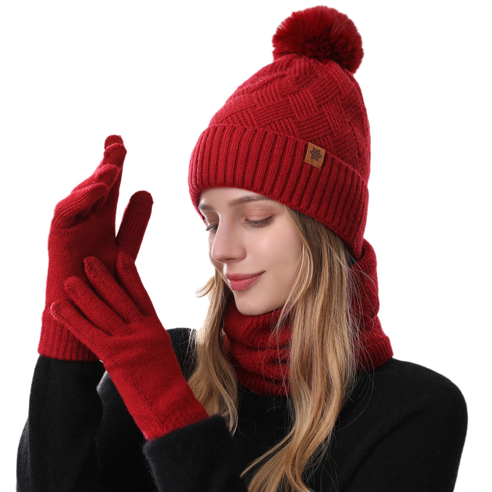 MAZELIKEHOOD Set Sciarpa Guanti Cappello Donna Inverno Caldo Cappello di Bobble con Sciarpa a Maglia e Guanti Tessuto Morbido e Comodo Accessori Moda Invernale Ideale per Regalo di Natale