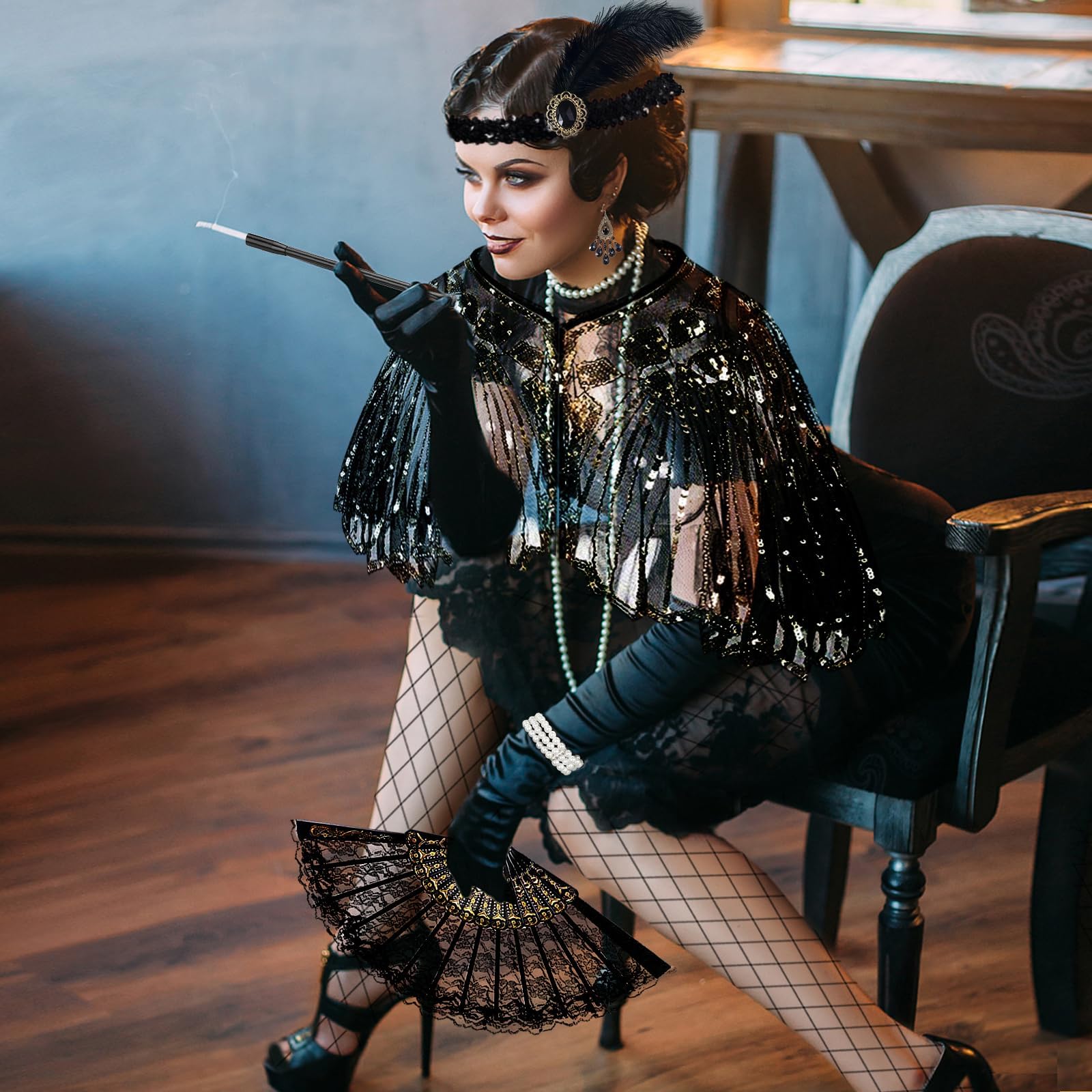9 Stück 20er Jahre Kostüm Accessoire, 1920er Gatsby Kostüm Damen Charleston Flapper Kleid mit Schal Federstirnband Handschuhen Perlenkette Ohrringen Spitzenfächer Armband Vintage Karneval Party