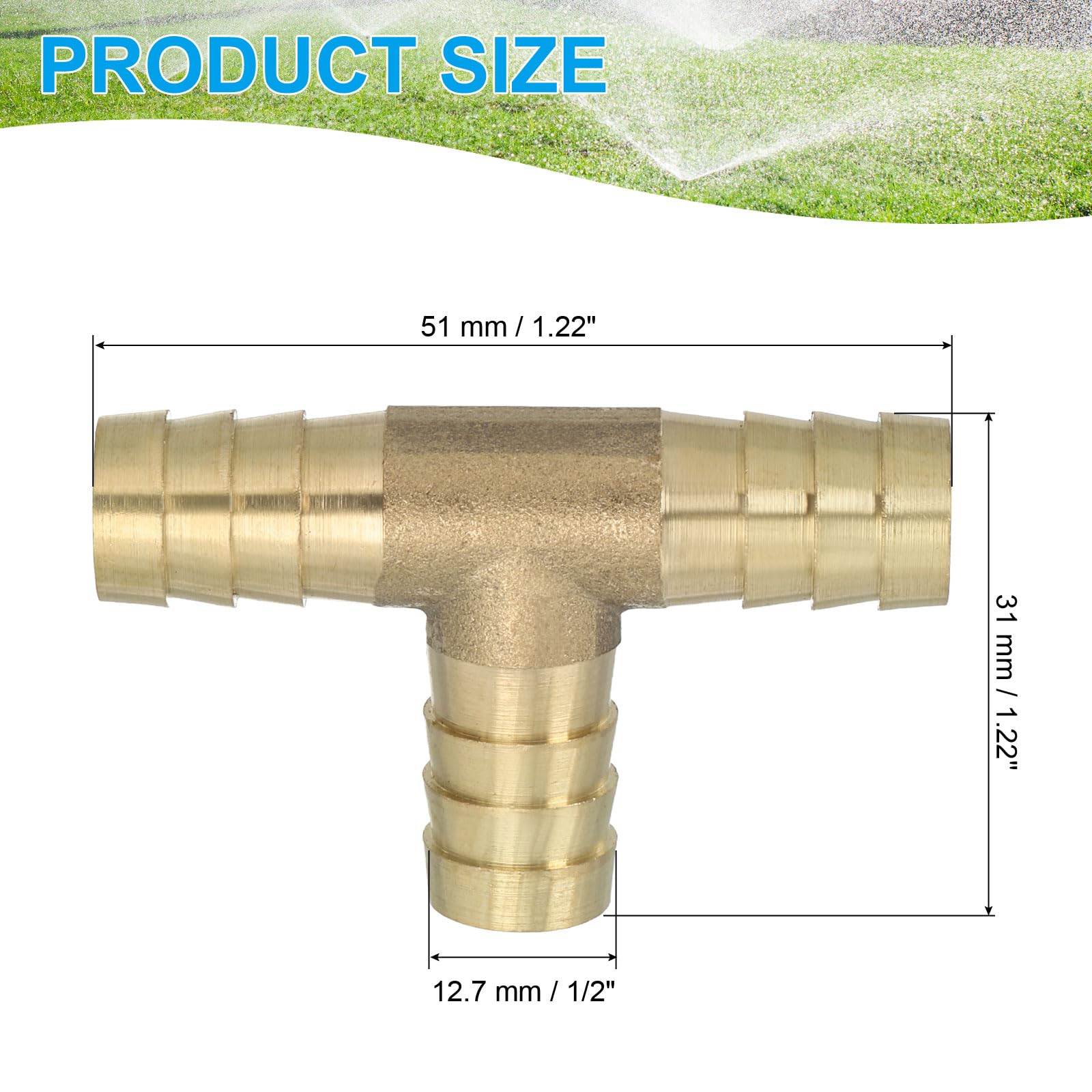 PATIKIL 1/2" Brass Tee Hose Barb Fitting, 3 Ways Union Intersection T Shape Barbed Split for Air Water Fuel Gas Liquid, Golden — view 2