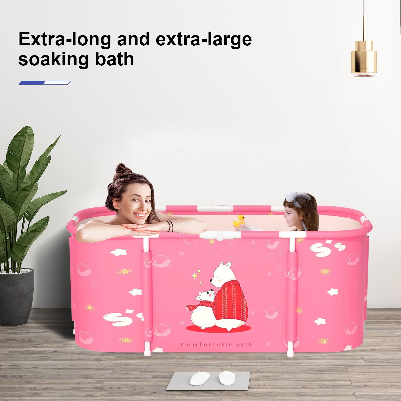Baignoire Adulte Pliable 115x60x50cm, Baignoire Écologique et Portable, Installation Facile, Idéal pour Spa à Domicile et Douche (Rose)