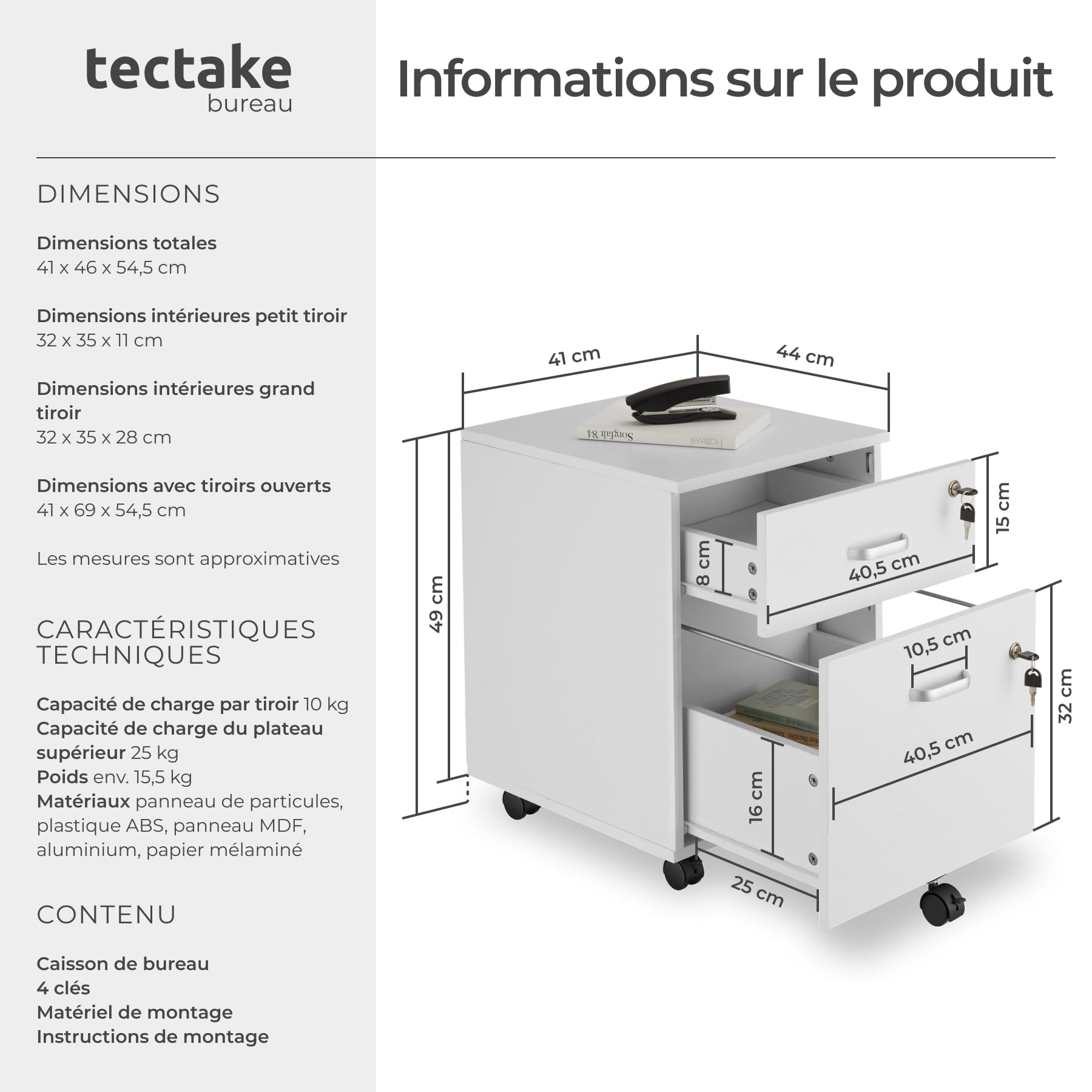 tectake® Caisson Bureau Meuble de Rangement Industriel 40x44x54,5 cm Verrouillable Meuble tiroir Rangement Bureau avec 2 Tiroirs pour Range Document Support imprimante Organisation