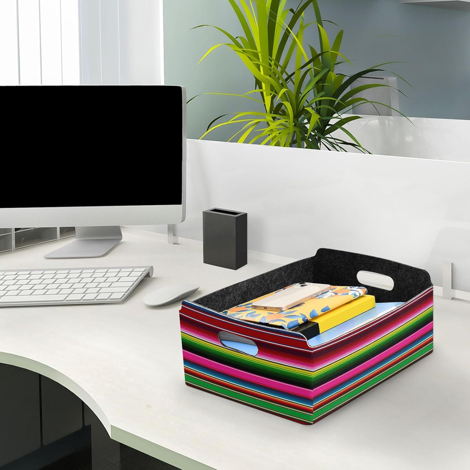 Kigai Mexican Serape Colorful Stripes Storage Basket, Foldable Open Storage Bins with Double Handle, Felt Storage Boxes for Office Desk, Rectangular Closet Organizer Containers for Home Bedroom