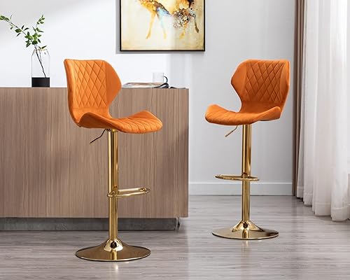Miniatura 2 de CIMOTA Juego de 2 taburetes de bar giratorios ajustables y modernos, color dorado, para isla de cocina, taburetes de bar altos de terciopelo con