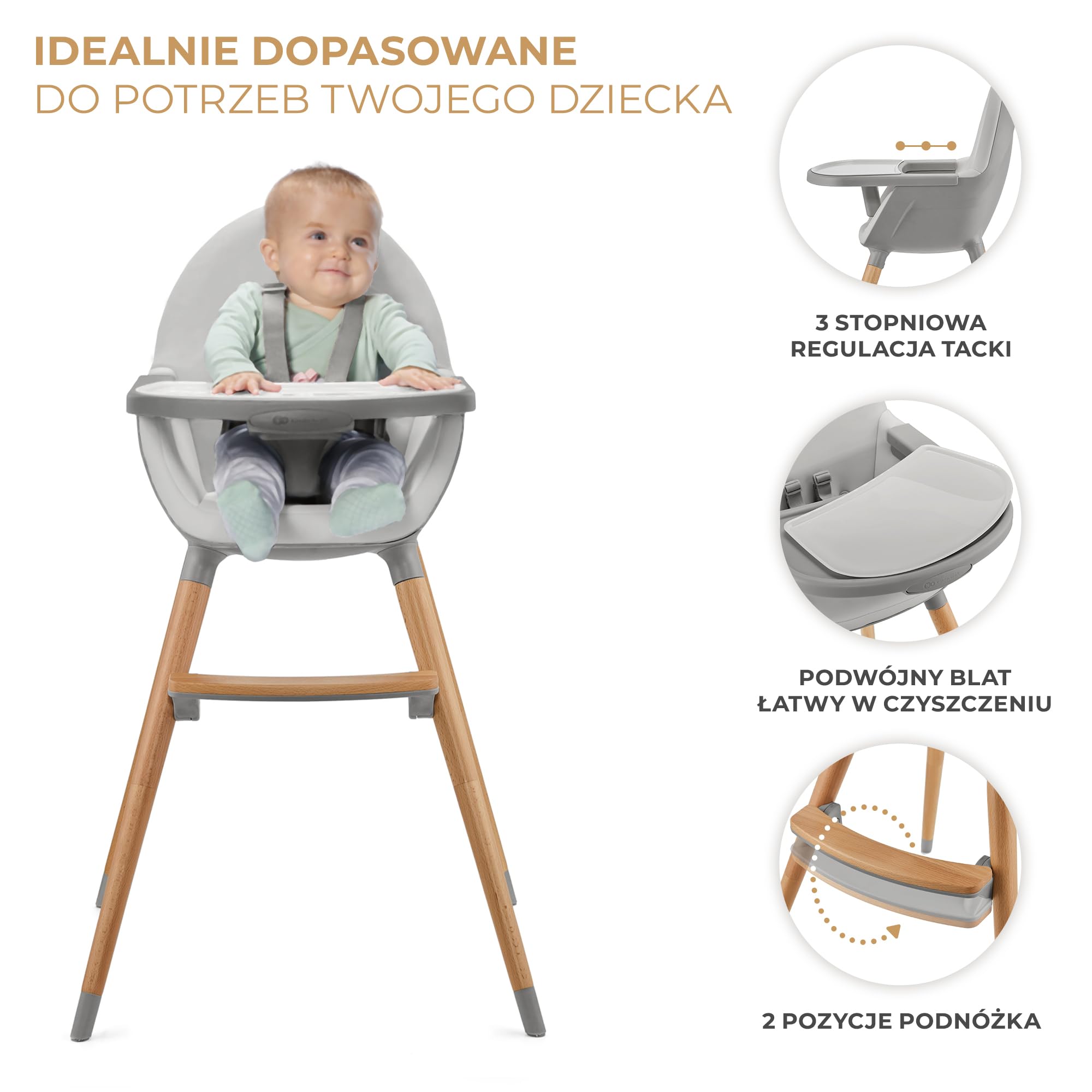 Kinderkraft Krzesełko do karmienia FINI2 2w1, Krzesło dla starszaka, Regulowana zdejmowana tacka, Drewniane antypoślizgowe nożki, 5-Punktowe pasy bezpieczeństwa, Łatwy w czyszczeniu, Szary