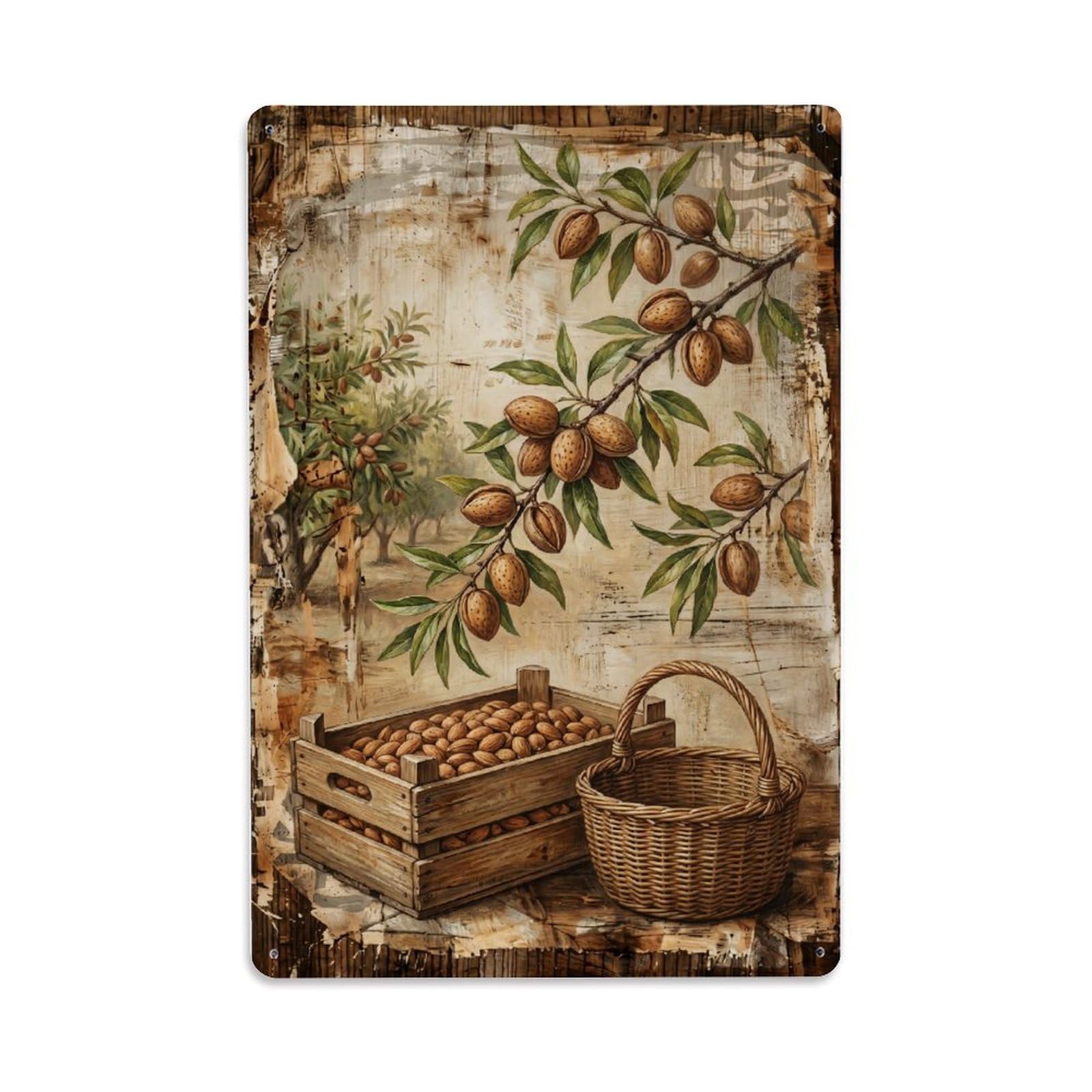 Almond Orchard Harvest Brown Nut Countryside Tree Metal Tin Sign Plaque Wall Decor for Cafe, Club Bar, Office, Home Garden Metal Poster 8x12Inch