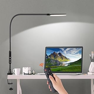 LED Desk Lamp with Clamp,Swing Arm Desk Lamp with Clamp Remote Control,Flexible Gooseneck Clip Desk Lamp for Home Office Eye-Caring Architect Desk Light- 5 Brightness Levels & 5 Color Modes 10W