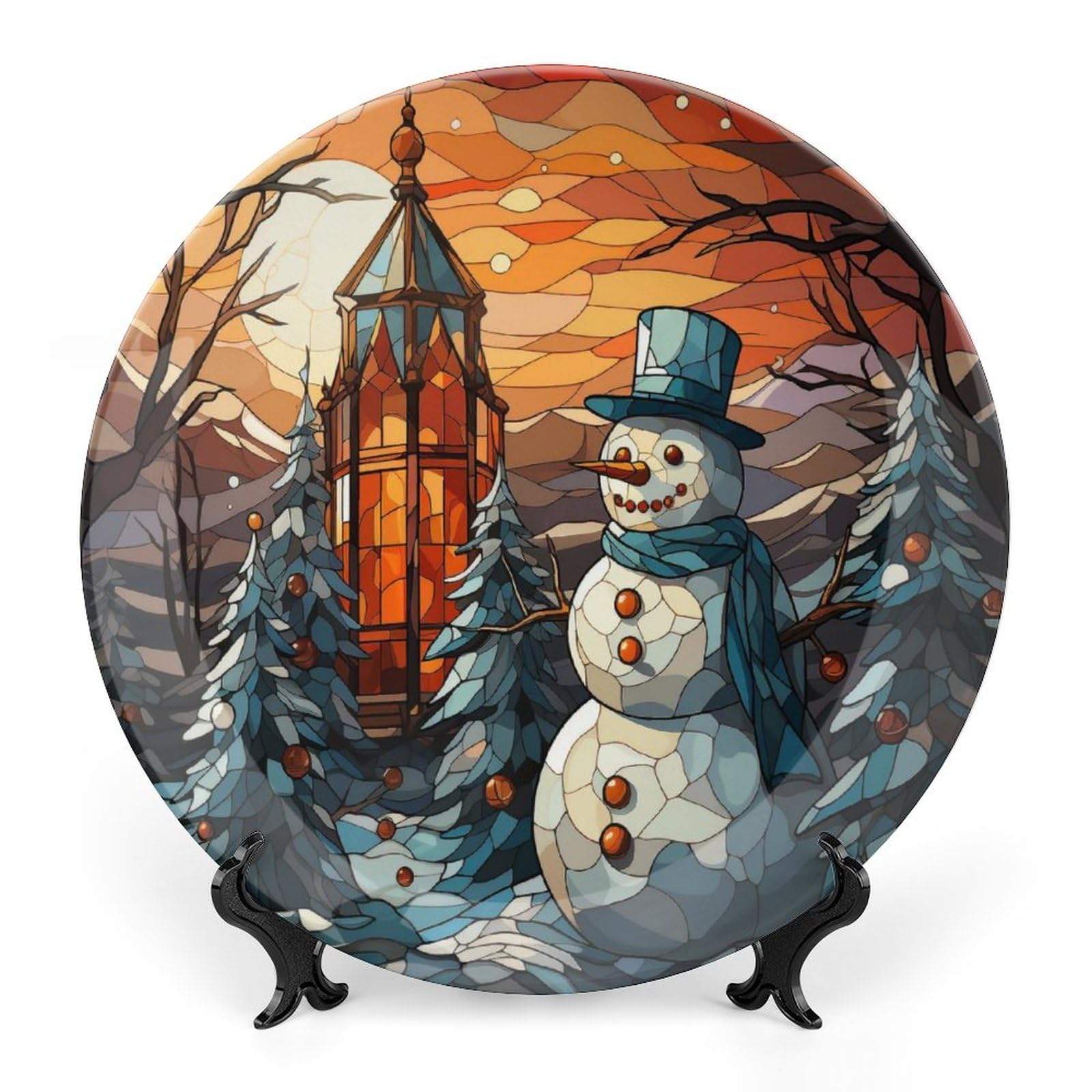 Christmas Decorative Plates for Wall Hanging, Cute Snowman Ceramic Plate, Stained Glass Print Wobble-Plate with Display Stand, Home Decor for Kitchen Cabinets, Farmhouse Round Tray 10 Inch
