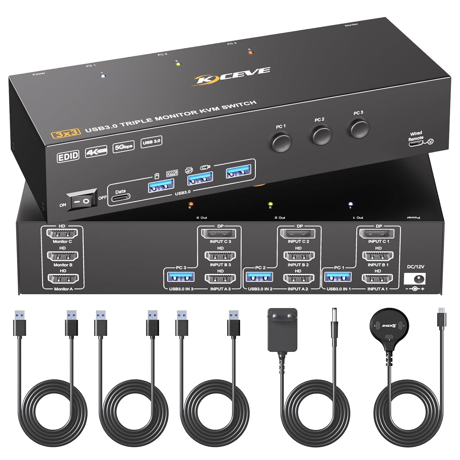 KVM Switch 3 PC 3 Monitores 4K@60Hz Simulación EDID, HDMI Displayport KVM Switch Triple Monitor para 3 PC Share 3 Monitor y 4 Puertos USB 3.0 Teclado Ratón Impresora, 3 cables USB Incluidos