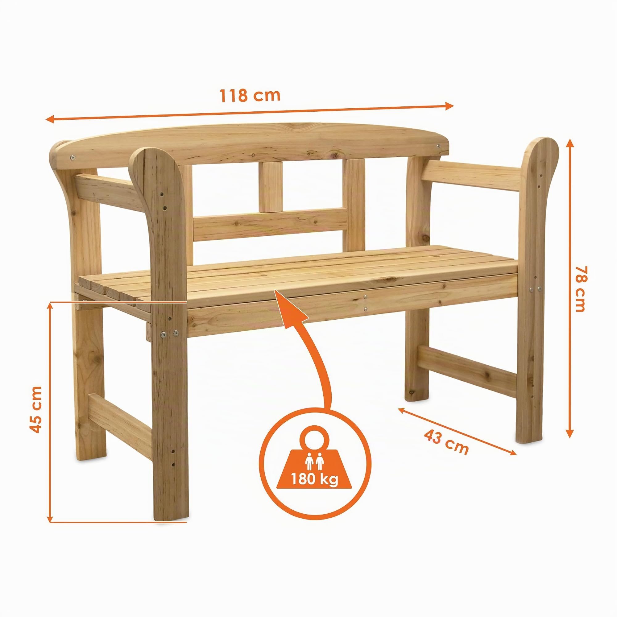Spetebo Holz Parkbank für 2 Personen Belastbarkeit bis 180 kg - 118 x 78 cm - Massivholz Sitzbank 2-Sitzer mit Armlehnen - Gartenbank Holzbank Friesenbank Sitzmöbel für Balkon Terrasse Garten