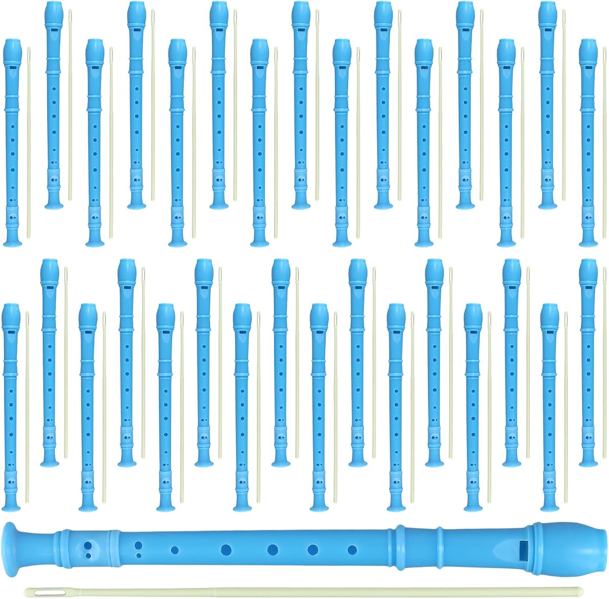 30 Pack 8 Hole Soprano Recorder Descent Flute, German Musical Recorders Instruments with Cleaning Rod, Blue Flutes for Beginners, Student Practice, School Concert