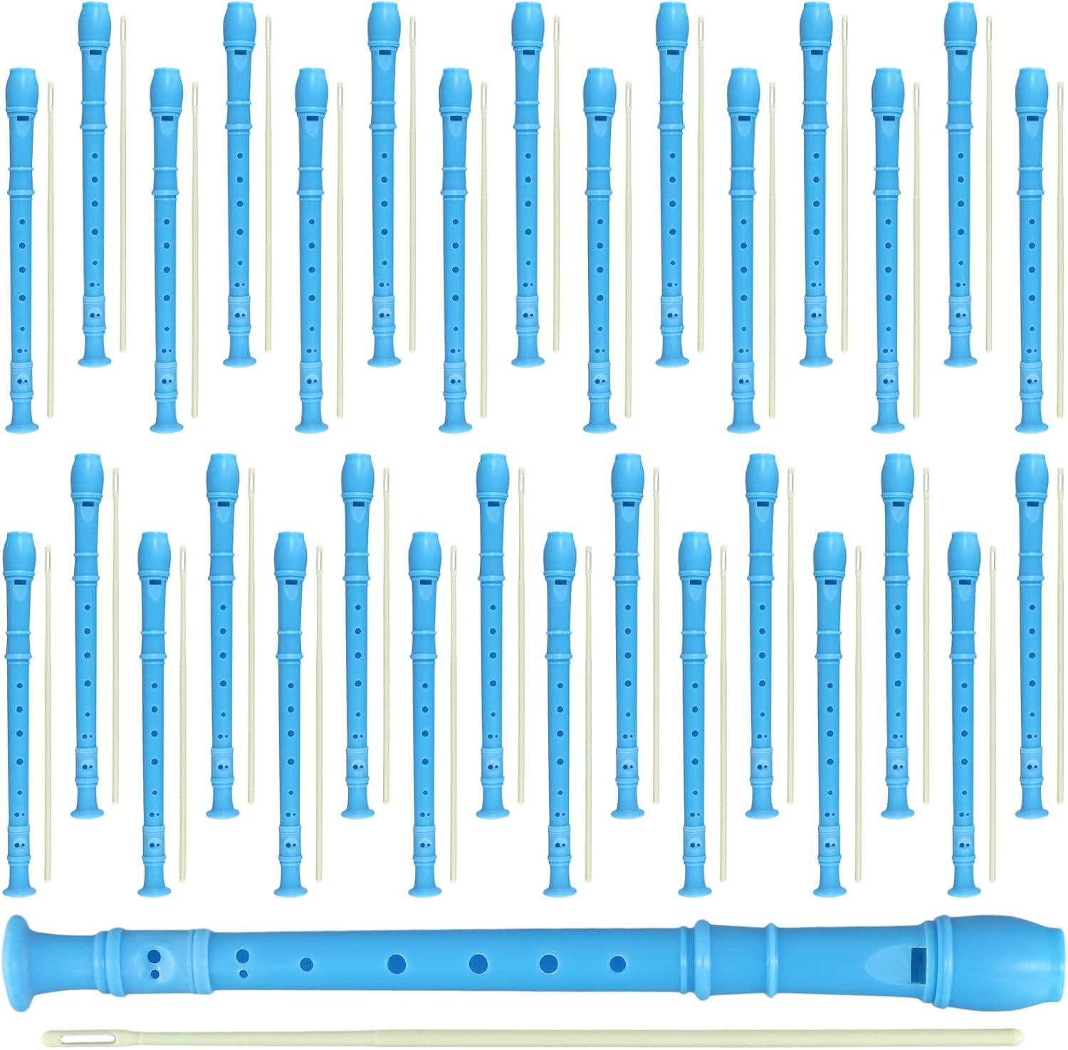 30 Pack 8 Hole Soprano Recorder Descent Flute, German Musical Recorders Instruments with Cleaning Rod, Blue Flutes for Beginners, Student Practice, School Concert